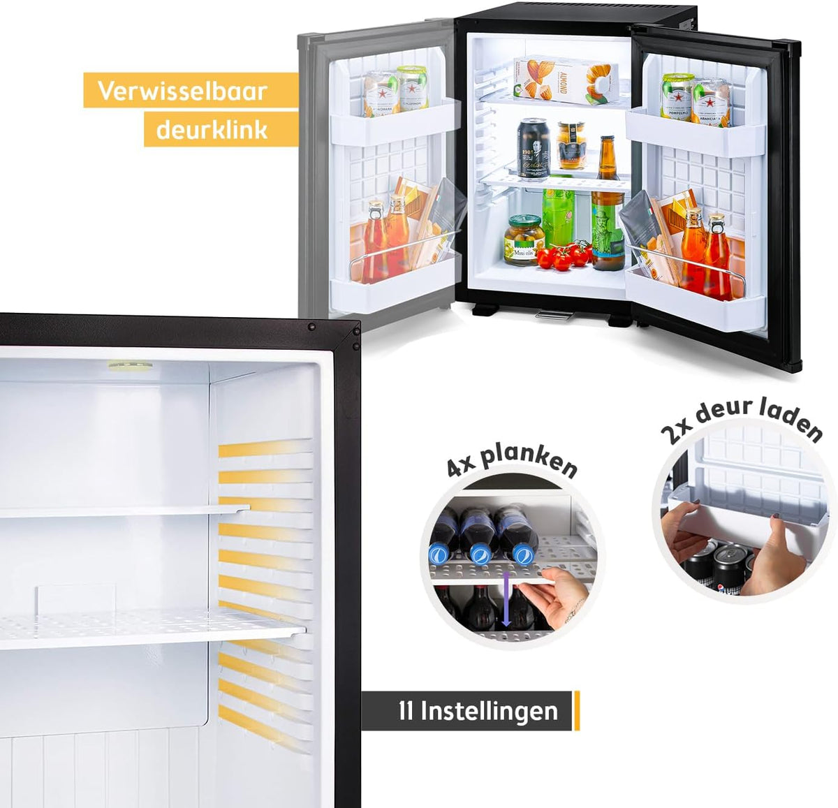 TZS First Austria - Mini Koelkast 40L stille en afsluitbare - Kleine Mini Koelkast, omkeerbaar deurscharnier en binnenverlichting - Minibar voor kamperen, kantoor, slaapkamer en hotel - Matzwart