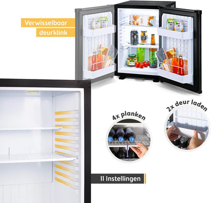 TZS First Austria - Mini Koelkast 40L stille en afsluitbare - Kleine Mini Koelkast, omkeerbaar deurscharnier en binnenverlichting - Minibar voor kamperen, kantoor, slaapkamer en hotel - Matzwart