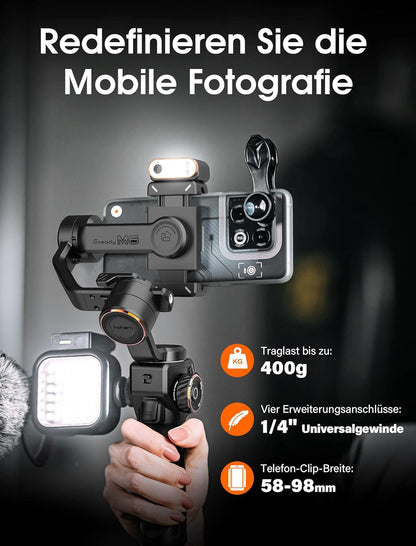 hohem iSteady M6 Stabilisatorset voor smartphone, geactualiseerde 3-assige gimbal, magnetische AI-tracker met verstelbaar CCT/RGB-licht, 0,91 inch display, max. laadvermogen 400 g, voor YouTube/vlog