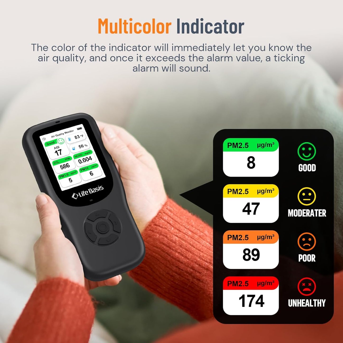 LifeBasis 10-in-1 luchtkwaliteitsdetector, formaldehyde-detector, AQI-vervuilingsmonitor met temperatuur en luchtvochtigheid, voor het testen van PM2.5/PM10/HCHO/TVOC/CO2, USB-opladen, voor thuis en