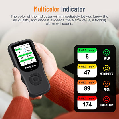 LifeBasis 10-in-1 luchtkwaliteitsdetector, formaldehyde-detector, AQI-vervuilingsmonitor met temperatuur en luchtvochtigheid, voor het testen van PM2.5/PM10/HCHO/TVOC/CO2, USB-opladen, voor thuis en