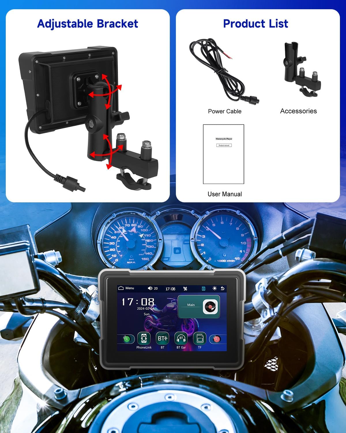 Rimoody Carplay 7 inch Scherm voor motorfiets, draadloos autodisplay met Airplay/Android Cast/Dual Bluetooth/navigatie/IP67