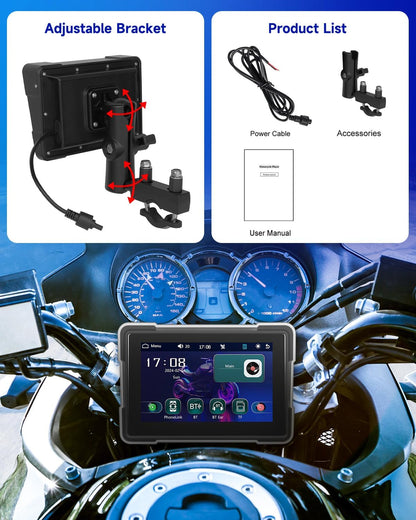 Rimoody Carplay 7 inch Scherm voor motorfiets, draadloos autodisplay met Airplay/Android Cast/Dual Bluetooth/navigatie/IP67