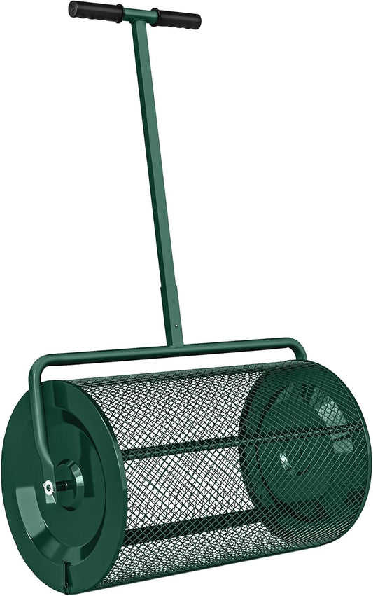 Outsunny Compost Spreader, 24" Peat Moss Spreader with Height Adjustable T Shaped Handle and Metal Mesh Basket, Garden Spreader for Seeding, Spreading Manure, Green - QUORE