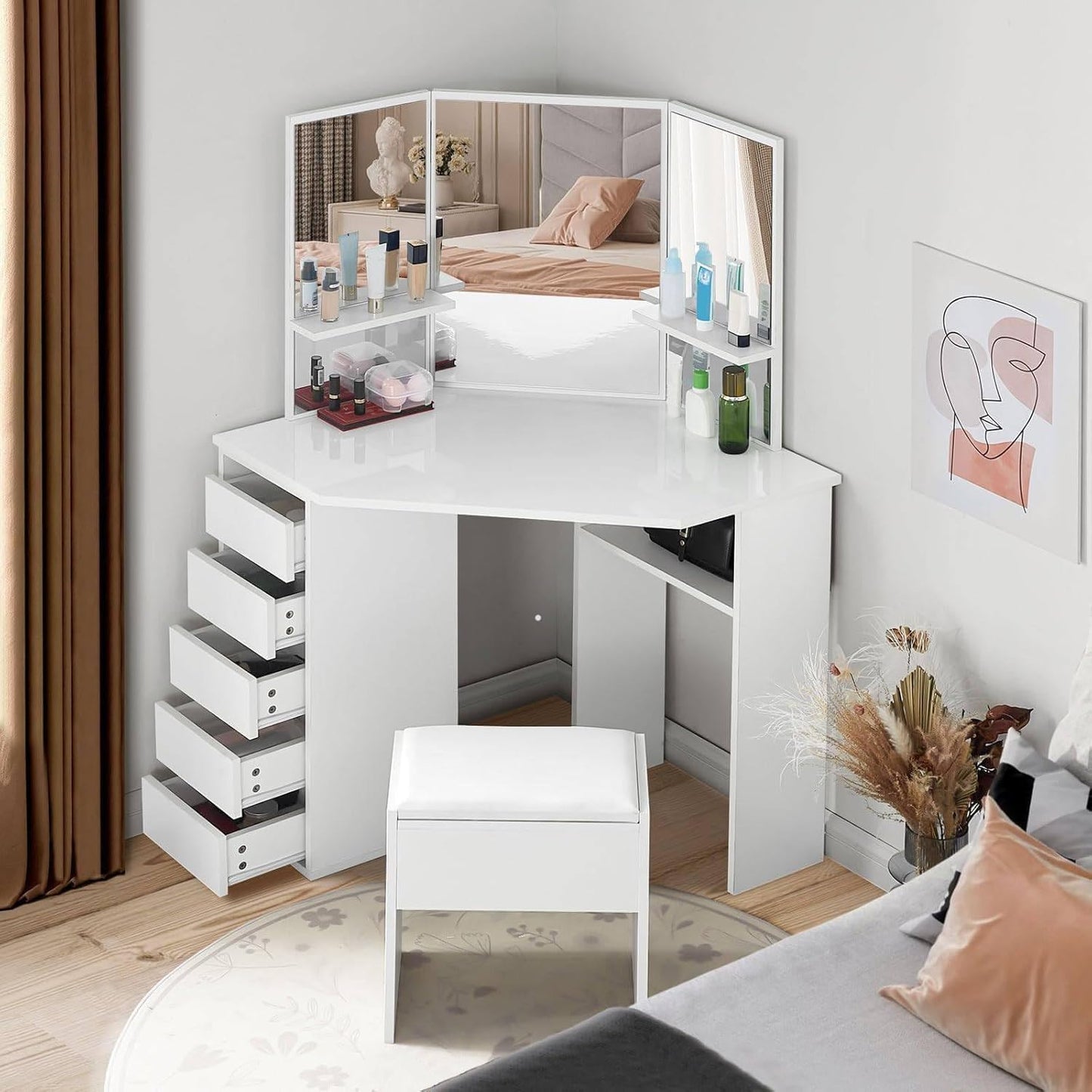 Witte Hoekkaptafel – Make-up Tafel – Ijdelheid Tafel – Dressing Bureau – Slaapkamer Meubel – Met 3 Spiegels – 5 Laden Opbergruimte