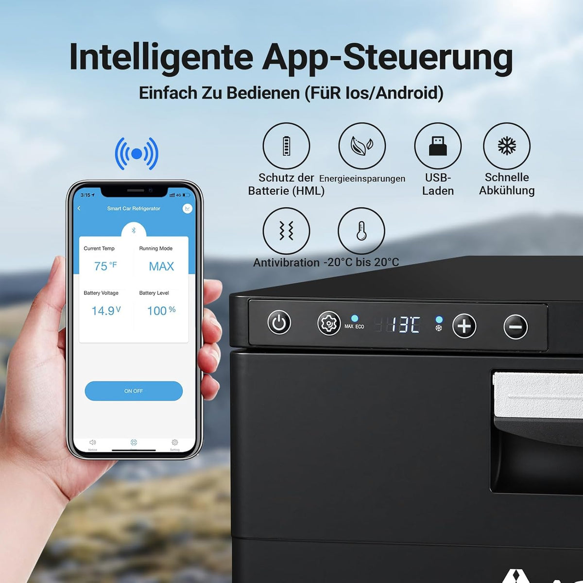 AAOBOSI 31L Compressorkoelkast met Lade, APP-Gestuurde Koelkast Voor Campers, 12/24V, Koelkast Voor Voertuigen, Bereikt -20°C, Geschikt Voor Auto's, Vrachtwagens, Campers, Boten, Kamperen en Reizen