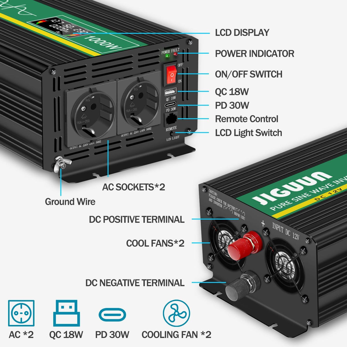 1000W Zuivere Sinus Omvormer – Stroomomzetter – Spanningsomvormer – 12V Naar 230V – Power Inverter – LCD Display – Afstandsbediening – Meervoudige Beveiliging - QUORE