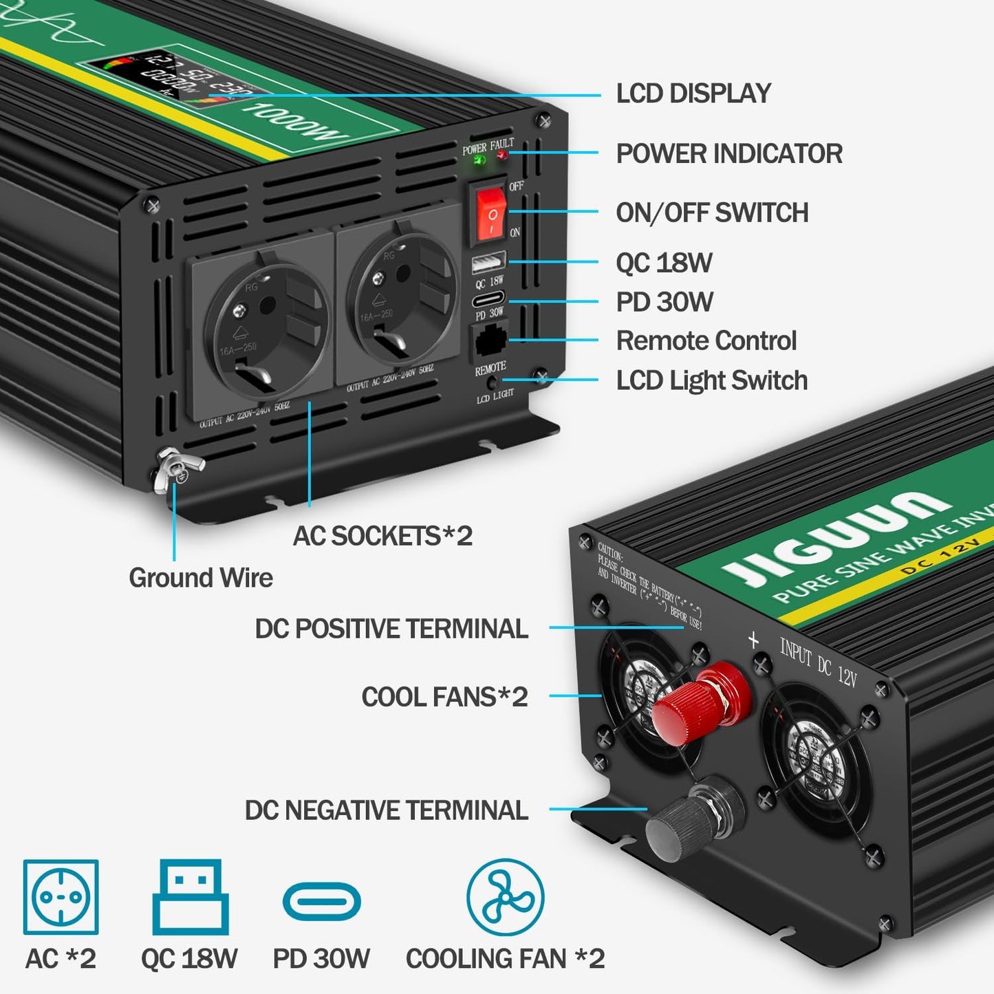 JIGUUN 1000W/2000W omvormer 12v naar 230v zuivere sinus Converter power inverter met afstandsbediening LCD-scherm 2 Eu-stopcontact & 1 USB-poort voor auto, camping, reizen,noodgeval