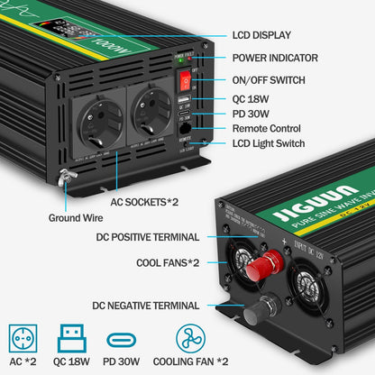 JIGUUN 1000W/2000W omvormer 12v naar 230v zuivere sinus Converter power inverter met afstandsbediening LCD-scherm 2 Eu-stopcontact & 1 USB-poort voor auto, camping, reizen,noodgeval