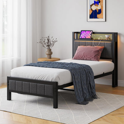 Bedframe met led, laadstation, eenpersoonsbed, logeerbed, metalen bed, gestoffeerd bed, 90 x 200 cm, bedframe van metaal, jeugdbed met lattenbodem, hoofdeinde in grijs, voor slaapkamer en