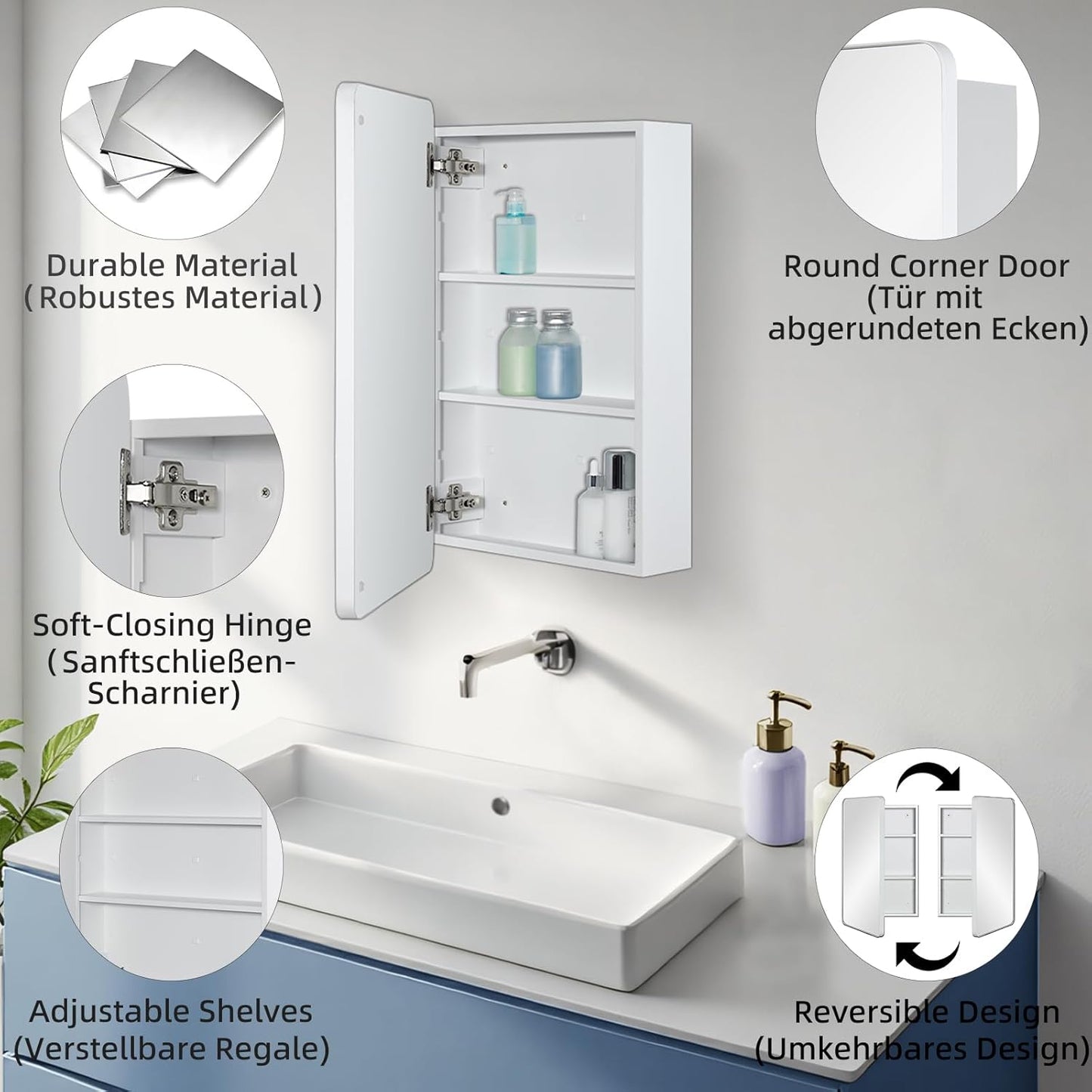 Fundin Spiegel medicijnkast voor badkamer - metalen omlijst ronde hoekdeur, verstelbare planken, mat wit, opbouwmontage, wandmontage, 38 x 65 cm