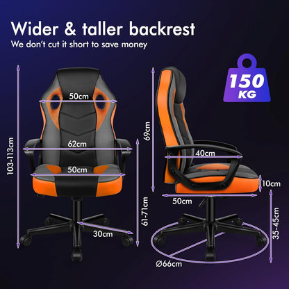 ALFORDSON Gamingstoel, PC-computer racestoel, ergonomische draaibare bureaustoel met wielen, gemaakt van PU-leer en stof, oranje, geschikt voor thuisgebruik