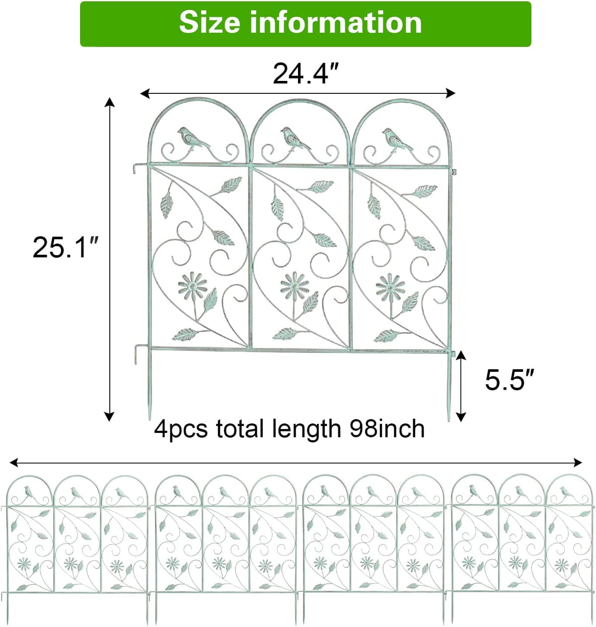 Sungmor Set van 4 tuinpiketomheining, rustieke stijl, decoratieve omheiningspanelen, 97 inch metalen grens vouwhek, tuintrellis voor klimplanten, dierenbarrière, landschapspad panelen