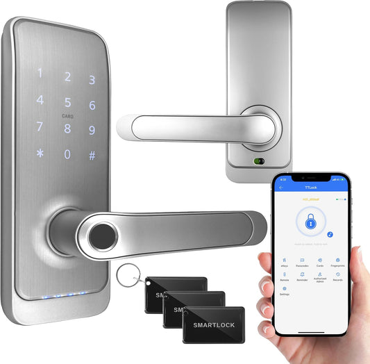 EURA ELH-01H4 Smart deurslot met handgreep, codeslot, 13,56 MHz nabijheidslezer, biometrische lezer, app TTLock/TTHotel, IP65, universele grendel, wit