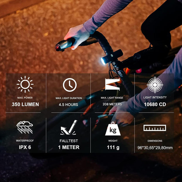 Fietslamp - Fietslicht - Krachtige Fietslamp Voorzijde - 350Lm - 100Lux - 208m Lichtsterkte - StVZO Goedgekeurd - met 3 Lichtstanden - LED - IPX6 Waterdichte - USB Oplaadbare Voorzijde  Licht - Kunststof - 18.4 x 7.9 x 6.2 cm - Zwart