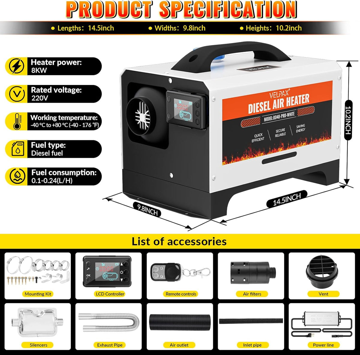 Dieselluchtverwarming – Dieselverwarmer – Parkeerverwarmer – Ventilatorkachel – Draagbare Kachel – 8 kW Vermogen – Afstandsbediening Met LCD-display