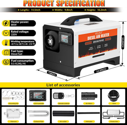 Dieselluchtverwarming – Dieselverwarmer – Parkeerverwarmer – Ventilatorkachel – Draagbare Kachel – 8 kW Vermogen – Afstandsbediening Met LCD-display