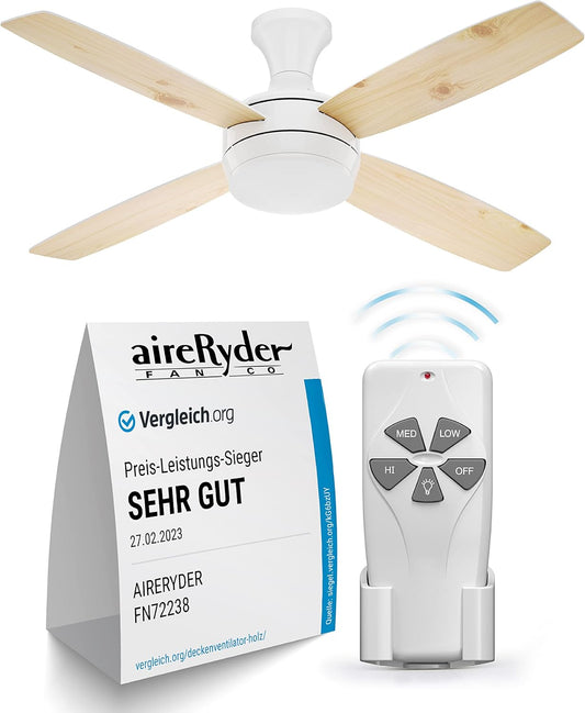 aireRyder Saturn plafondventilator met verlichting en afstandsbediening, stille ventilator met afstandsbediening en dimbare ledverlichting. Diameter 132 cm. Kleur: wit, draaivleugels in dennen/wit.