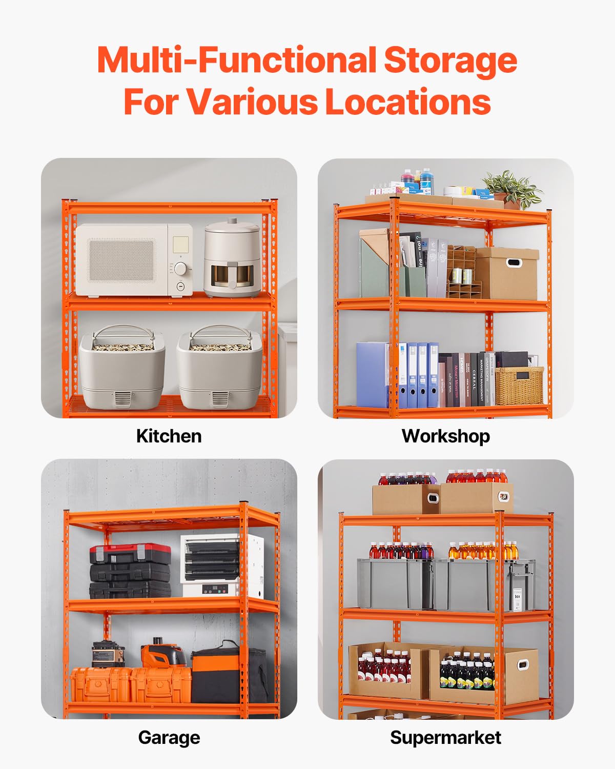 Opslagplanken – Opbergrek, Garagerek, Stellingkast, Metalen Rek – Oranje, Verstelbare Planken, 1088 Kg Draagvermogen