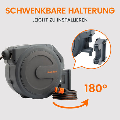 Giraffe Tools Automatische slanghaspel 25 m + 2 m, wandgemonteerde tuinslanghaspel 180° draaibaar met multisproeier en aansluitslang