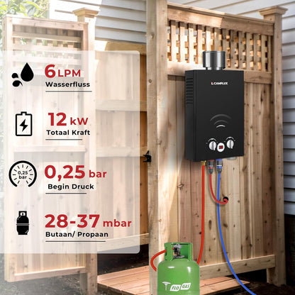 CAMPLUX BW158BC 6 L/min Gas Boiler, Butaan (28-30mbar)/ Propaan (37 mbar), 10 kW, voor Camping, RV, Wassen Paarden