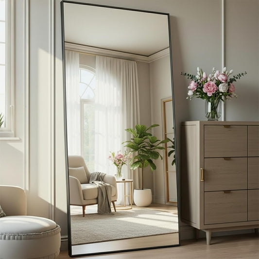Aplancee Staande spiegel, 170 x 75 cm, zwart, grote full-body spiegel, wandspiegel met aluminium frame, om staand of op te hangen aan de muur, vloerspiegel voor slaapkamer, woonkamer en kleedkamer