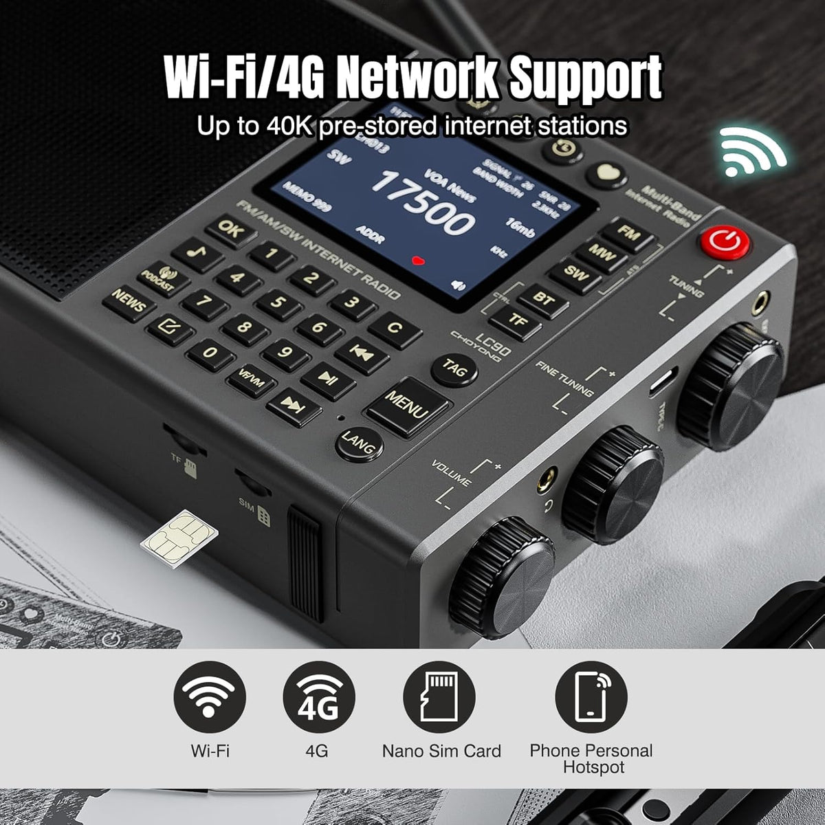 CHOYONG LC90 Wi-Fi/4G internetradio, draagbare FM/LW/MW/SW radio met oplaadbare 5000mAh batterij, 40K radiostations, BT-luidspreker, wekker, 15W stereoluidsprekers, ondersteuning TF-kaart