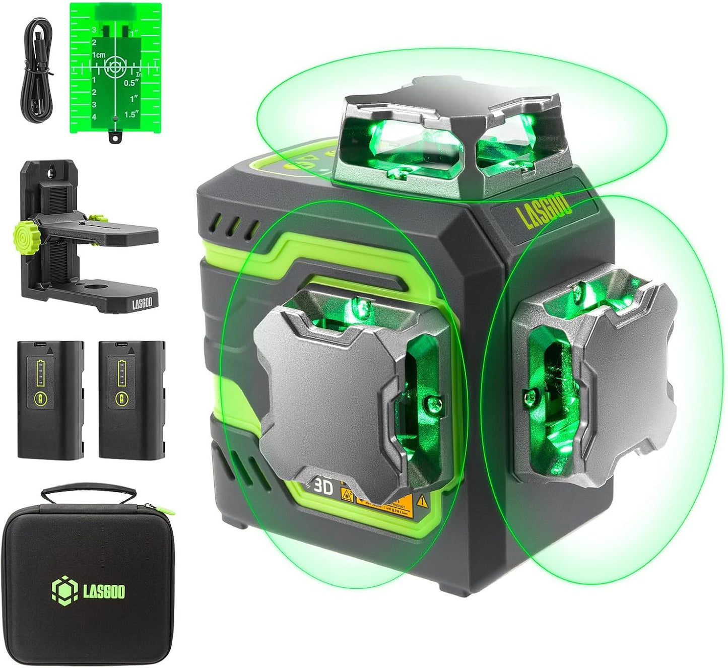Laserwaterpas – Kruislijnlaser – Lijnlaser – Laserniveau – Bouwlaser – Zelfnivellerend 3x360° Groen – 2 Oplaadbare Batterijen, Magnetische Hefstandaard