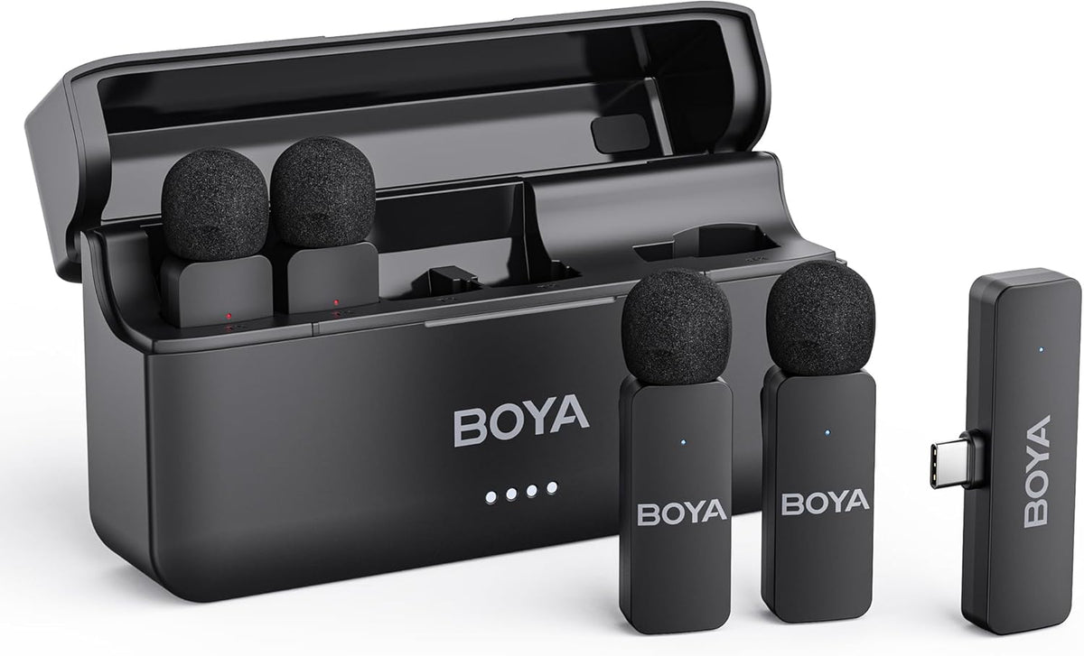 BOYA BY-V4U Microfoon Draadloos voor iPhone 15/16, Android Smartphone, 4-kanaals Mono Uitgang, Mini Microfoon, Draadloze Lavalier Microfoon Type-C, Ruisonderdrukking, 360° Clip Revers Microfoon voor