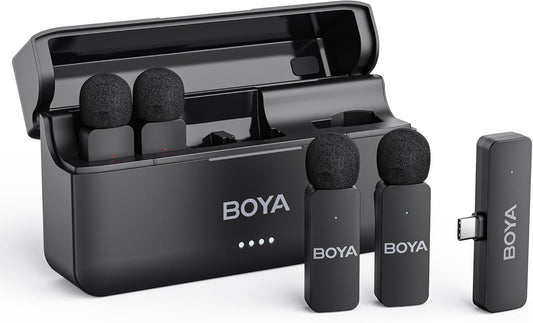 BOYA BY-V4U Microfoon Draadloos voor iPhone 15/16, Android Smartphone, 4-kanaals Mono Uitgang, Mini Microfoon, Draadloze Lavalier Microfoon Type-C, Ruisonderdrukking, 360° Clip Revers Microfoon voor