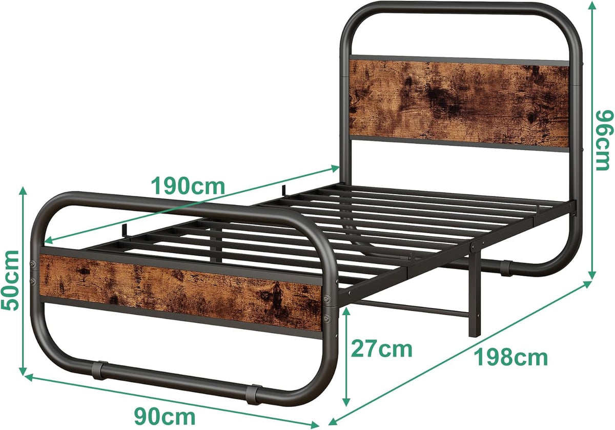 HOMERECOMMEND 3ft eenpersoons bedframe met hoofdeinde, ovaalvormig platformbed met opbergruimte onder het bed, stalen latten matrasbodem met rond pijpontwerp, bruin