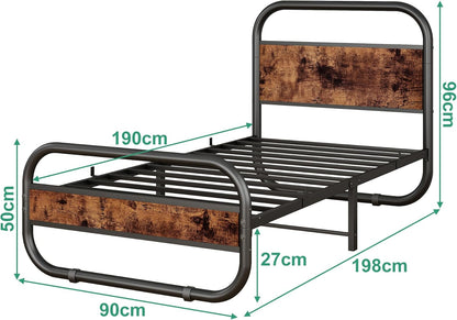 HOMERECOMMEND 3ft eenpersoons bedframe met hoofdeinde, ovaalvormig platformbed met opbergruimte onder het bed, stalen latten matrasbodem met rond pijpontwerp, bruin
