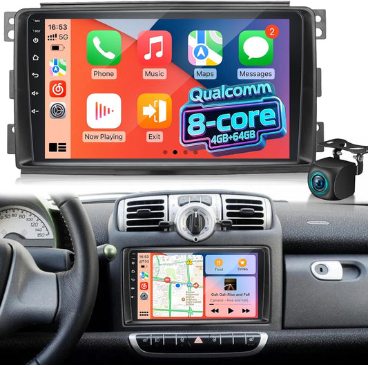 Qualcomm 8-Core 4GB+64GB Radio Vervanging voor Mercedes Benz Smart Fortwo 2005-2010, Android Autoradio met Draadloze CarPlay & Android Auto, DSP Hi-Res Audio, GPS, Achteruitrijcamera