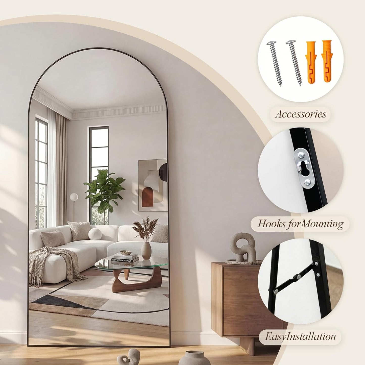 Volledige Lichaamsspiegel – Vloerspiegel – Wandspiegel – Full Body Spiegel – Grote Spiegel – Aluminiumlegering Frame – Hardglas Met Veiligheidsfolie – 180 x 75 cm – Gebogen Voet Voor Stabiliteit