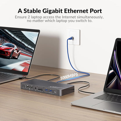 AV Access Docking Station KVM Switch 2 Monitor 2 Laptops, 4K KVM Switch Dual Monitor, 100W PD voor elke pc, 1G Ethernet, EDID-emulatie, ideaal voor thuiskantoor en gaming