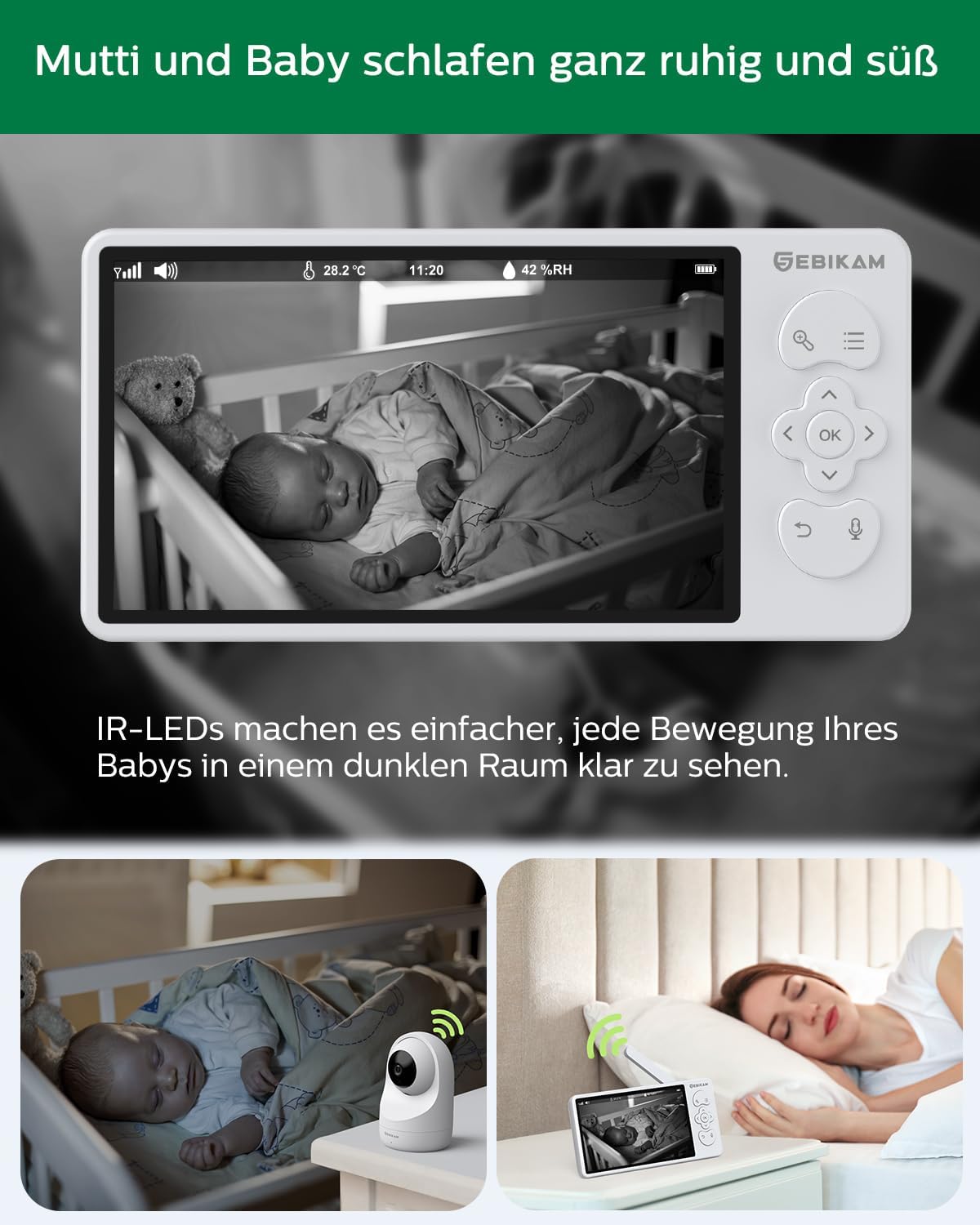 2K/3MP Babyfoon met Camera en App, 5,5 Inch Scherm, Bewegings- en Geluidsdetectie, Wifi, 4X Zoom, 4000mAh Accu, PTZ 355° Draaibaar, VOX-Modus, Nachtzicht, 2-Weg Audio, Temperatuuraanduiding
