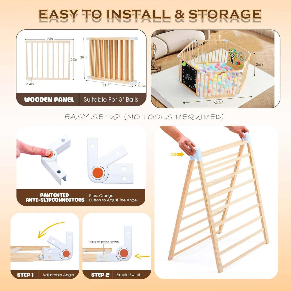 Wooden Baby Playpen with Door, Removable and Expandable Baby Play Fence for Toddlers, Wooden Playpen Baby Playground with Chalk Whiteboard and Montessori Activity Games (6 Panels- 62 x 56 Inch) - QUORE