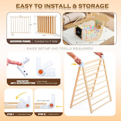 Wooden Baby Playpen with Door, Removable and Expandable Baby Play Fence for Toddlers, Wooden Playpen Baby Playground with Chalk Whiteboard and Montessori Activity Games (6 Panels- 62 x 56 Inch) - QUORE