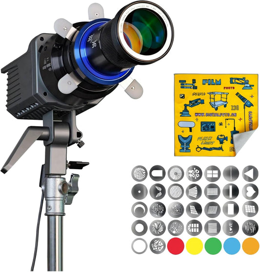 Optische Snoot Kit – Gobo Projector – Lichtprojector – Spotlight – Lens Snoot – Universele Mount – Tot 500W LED Inclusief 30 Gobos, 5 Filters En 5 Speciale Gobos