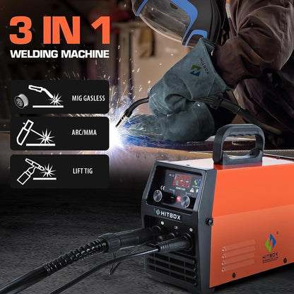 HITBOX 200A Gasloze MIG Lasser, 3-in-1 Flux Core Lasser MIG/ARC/Lift TIG, Draagbare 230V IGBT Inverter Lasmachine met Laskap & 0,8mm Draad, Perfect voor Beginners (HBM1200)