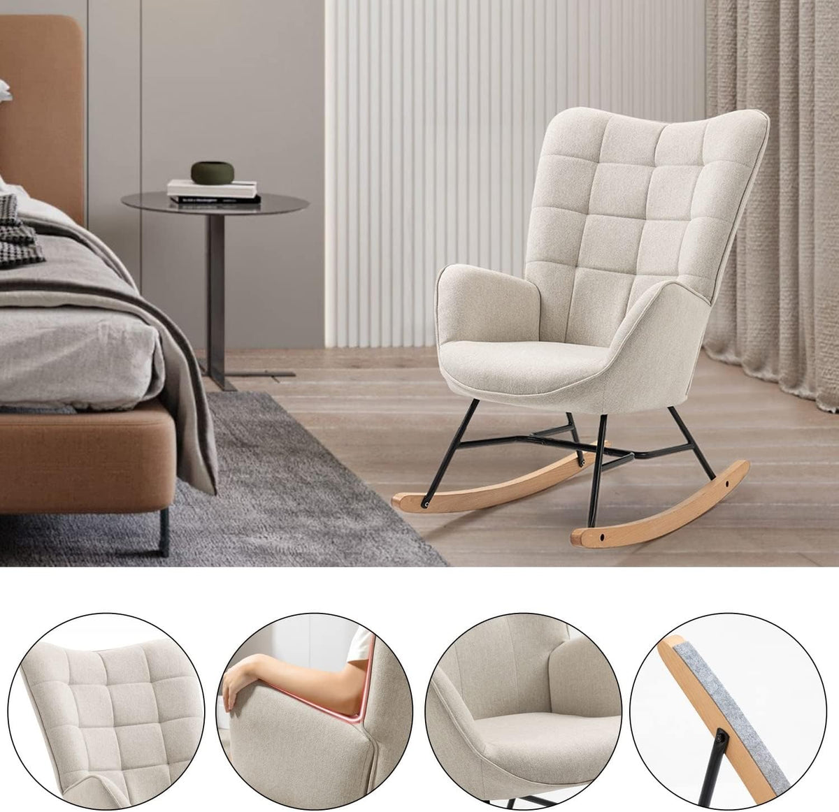MEUBLE COSY Schommelstoelen, Scandinavië Borstvoeding schommelstoel stoel woonkamerstoel met E'-poten Hout Metaal en gevoerde zitting, 66x84x97cm