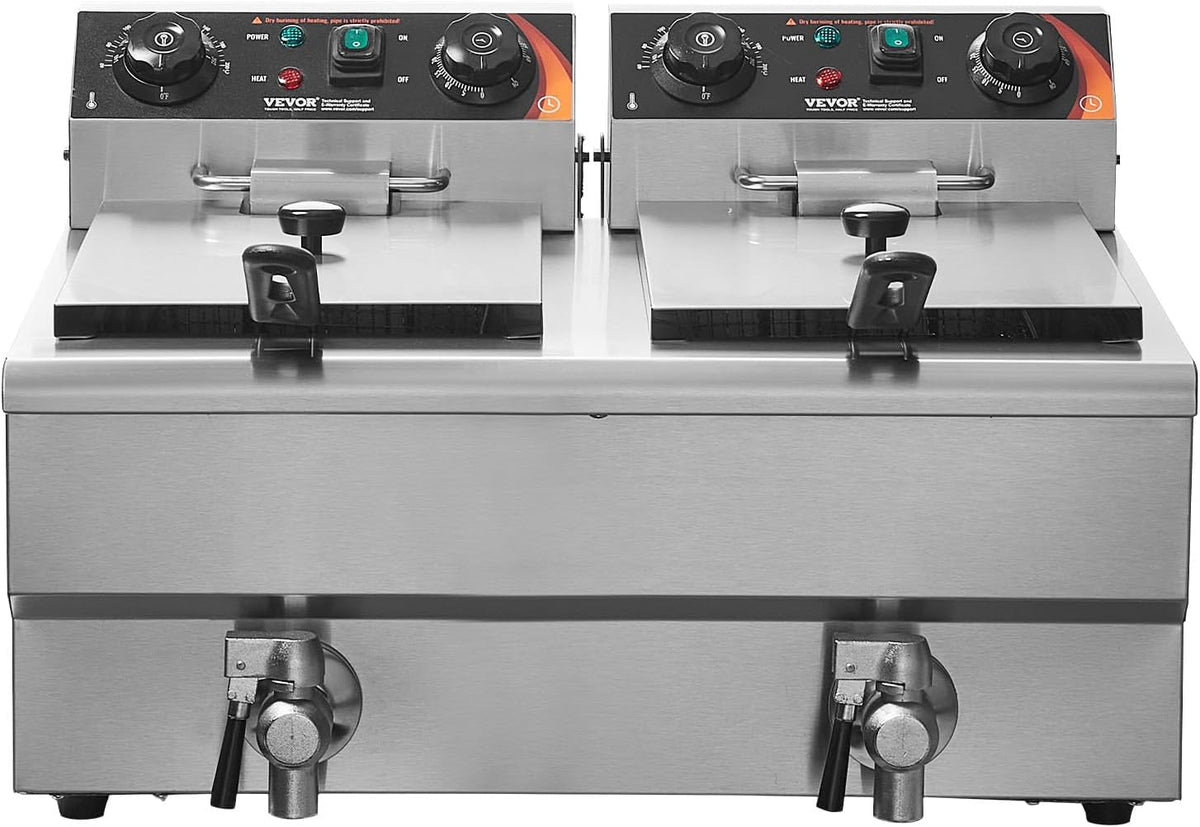 VEVOR Commerciële elektrische friteuse, 2 tanks van 12 l, 6000 W, oliefriteuse, roestvrij staal, met 2 frituurmanden, temperatuur en tijd, verstelbaar, 50-200 °C, voor uienringen, kip, gebakken