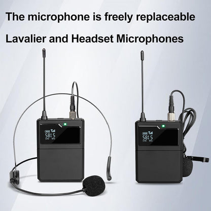 Depusheng R6 draadloze microfoon, 4-kanaals draadloze microfoonset met draadloze lavalier headset, microfoon, metalen ontvanger, ideaal voor zingen, karaoke, feesten, bruiloften