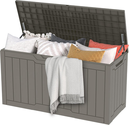 DWVO Outdoor Garden Opbergdoos|380L 115x55x58,3cm|Waterdicht||Veilig afsluitbaar|Zijdraaggrepen|All Weather Resistant|Patio Resin Deck Box voor kussens, apparatuur, schoen (Taupe)