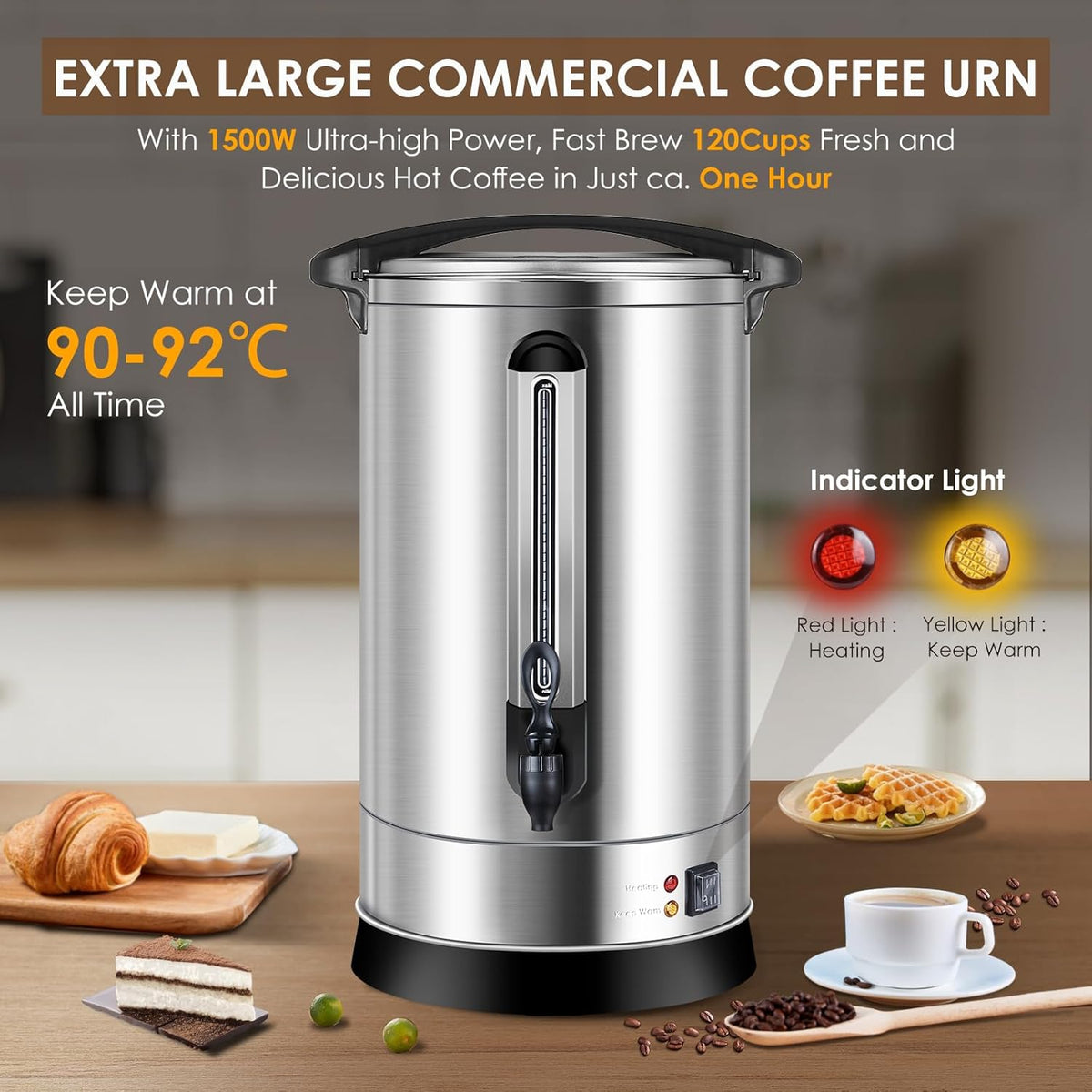 Homtone Gastro Koffiezetapparaat met rond filter, 120 kopjes/18 l, dubbelwandig, groot, roestvrij staal, industrieel koffiezetapparaat met tapkraan, voor feest, warmwaterdispenser voor koffie, thee