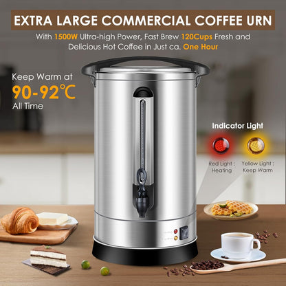 Homtone Gastro Koffiezetapparaat met rond filter, 120 kopjes/18 l, dubbelwandig, groot, roestvrij staal, industrieel koffiezetapparaat met tapkraan, voor feest, warmwaterdispenser voor koffie, thee