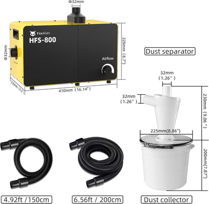 FoxAlien 800W Desktop Stofafscheider HFS-800 met stofafscheider voor CNC-zagen houtbewerking, luchtfiltersysteem met HEPA- en koolstoffilter, luchtstroom instelbaar (220V)