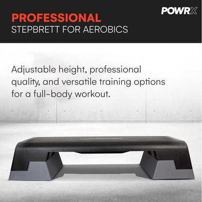 POWRX Professionele aerobic quiltplank incl. workout I Fitness Stepbank Step in hoogte verstelbaar I Afmetingen: 89 x 34 cm I hoogte tot max. 25 cm verstelbaar (zwart)