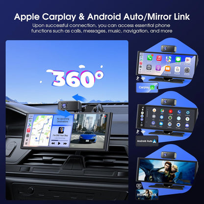 9,26 inch Wireless Apple-CarPlay met 60 fps scherm, Android Auto, met 3 camera's (Front Dash Cam, Rear, Intemal), Portable CarPlay met OTA/GPS-navigatie/Mirror Link/Spraakbediening/Bluetooth/AUX/FM