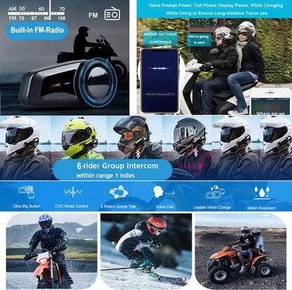 QSPORTPEAK Motorhelm Bluetooth Headset Communicatiesystemen Kit, 2 stks M2 1000M 6 Rijders Helm Bluetooth Intercom met Ruisonderdrukking, BT5.0/FM Radio/Siri/Universele koppeling/Waterdicht